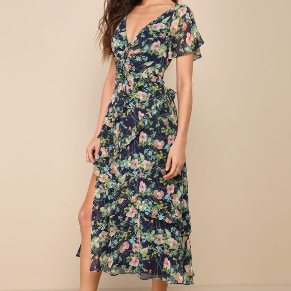 Floral Backless Midi Dress - Romantic & Elegant | Ruffled Special Occasion Dress - Picture 1 of 4